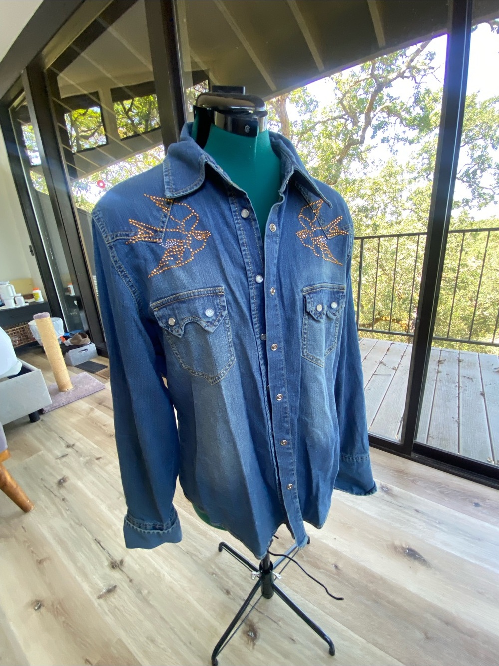 Royalty For Me Embroidered Denim Jacket in Blue with Yellow Stitching